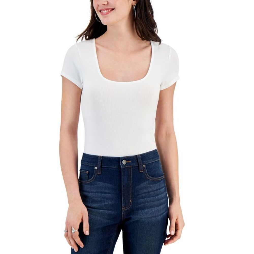 Self Esteem Juniors' Short-Sleeved Square-Neck Ribbed Bodysuit